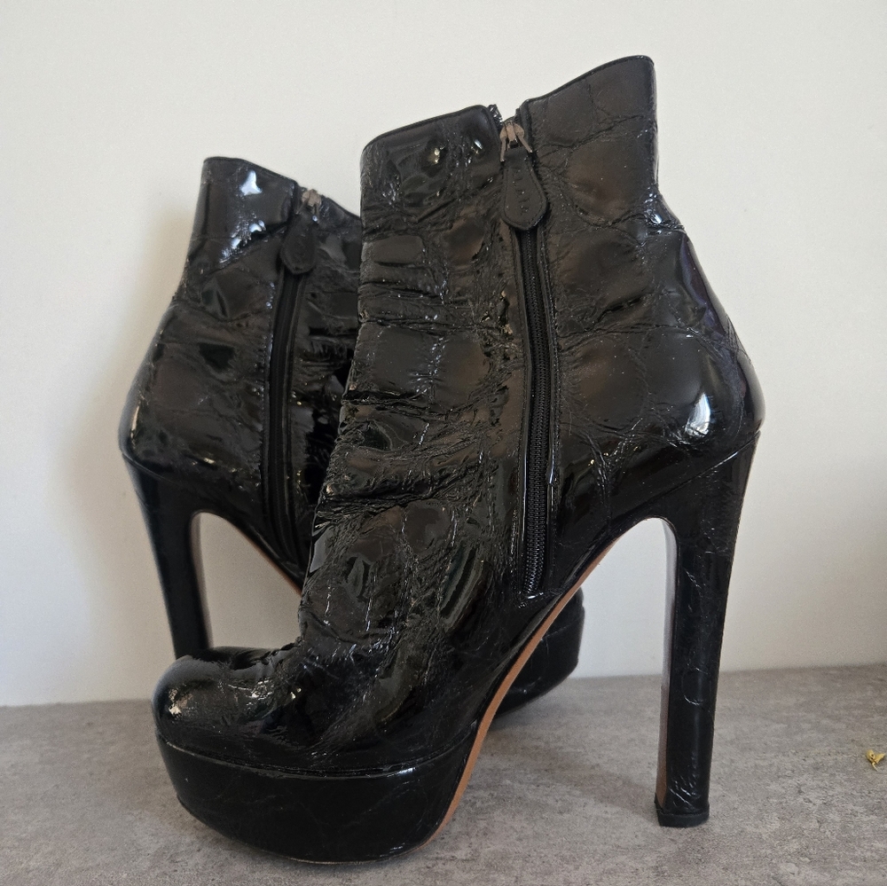 Alaia Glossy Black Croc-Embossed Heeled Boots Size 41